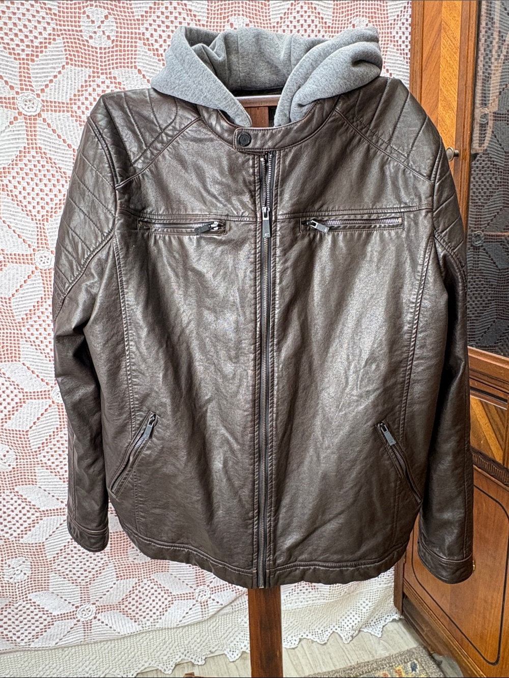 Point Zero Brown Faux Leather Hooded Moto Jacket XL